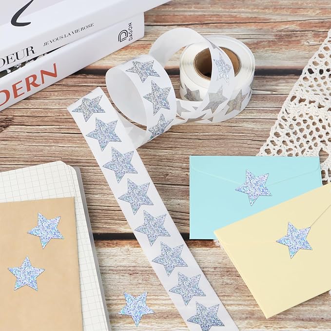 500 PCS Holographic Silver Star Stickers, 1 inch Self Adhesive Metallic Glitter Foil Stickers Sparkly Star Sticker Reward Behavior Chart Labels for Kids Students Teachers Supplies