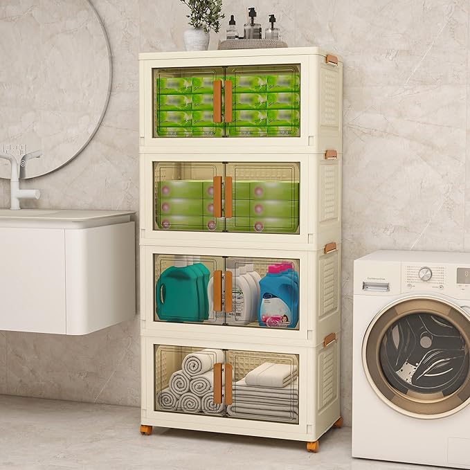 Plastic Stackable Storage Bins with Lids and Wheels, Foldable Closet Organizers and Storage Containers, Collapsible Clear Drawer Storage Cabinet with Doors Ivory White 358.4 QT