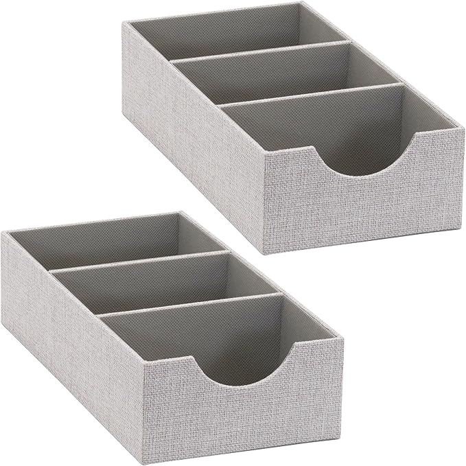 Household Essentials 3 Compartment Organizer Tray 2 Pack, Accessory Organizer, Sturdy Drawer Organizer with Fabric Covering, Gray