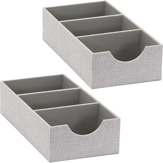 Household Essentials 3 Compartment Organizer Tray 2 Pack, Accessory Organizer, Sturdy Drawer Organizer with Fabric Covering, Gray