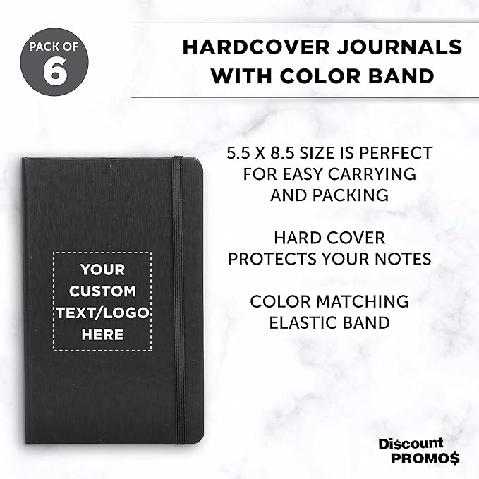 DISCOUNT PROMOS Custom Hardcover Notebook Journals with Elastic Colored Band Set of 6, Personalized Bulk Pack - Perfect for School, Office, Home - Black