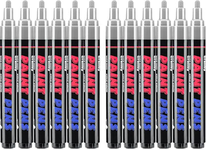 Silver Paint Pens Paint Markers - 12 Pack Permanent Quick Dry Waterproof Marker Pens for Rocks Wood Fabric Plastic Canvas Glass Mugs Metal Tire Stone