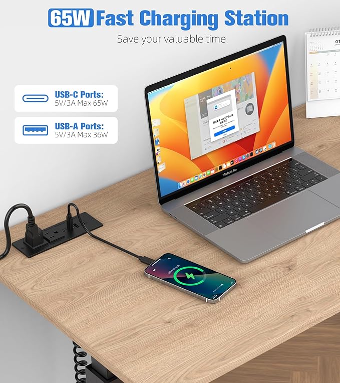 65W Furniture Drawer Outlet, Recessed Outlet with 4 USB Ports & 2 AC Outlets, Recessed Power Strip for Home, Office, 14 AWG-6FT Spring Cord(Black)