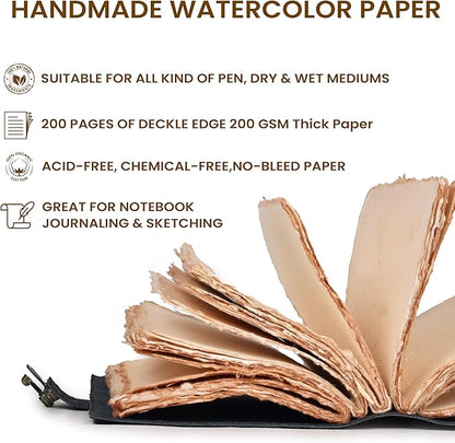 LEATHER VILLAGE Leather Bound Vintage Journal for Women & Men - Book of Shadows - Lock Closure - 200 Pages of Antique Deckle Edges Handmade Paper - Rustic Black Color - 10 X 7 inches