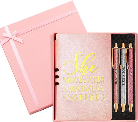 5 Pcs Boss Gifts for Women Set Leather Journal Ballpoint Pens with Box Thank You Employee Appreciation Thanksgiving Christmas Gifts for Female Leader Birthday Bestie Coworker (Pink)