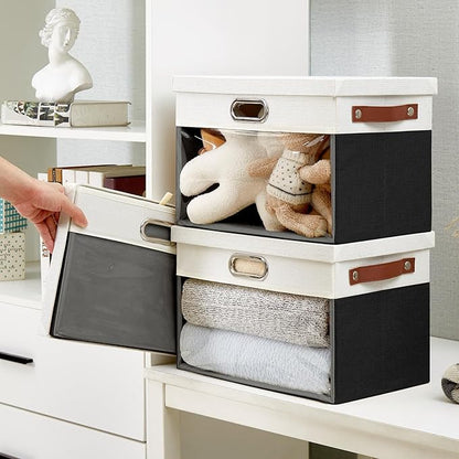 Fabric Clear Window Storage Bins with Lid, Closet Storage Box Linen Closet Baskets with 3 Handles for Organizing Clothing, Jeans, Shelves 15''- 3 Pack (Black and White)