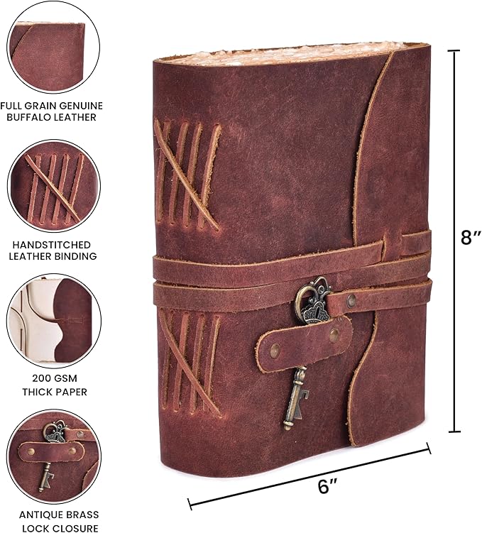LEATHER VILLAGE Vintage Leather Journal – 200 Handmade Vintage Deckle Edge Paper – Leather bound Journal For Women Men – Vintage Key Closure - Book of Shadows - Red Brown - 8X6 inches (A5)
