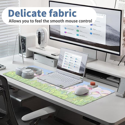 Kawaii Flower Mouse Pad Large Desk Mat Extended Keyboard Mouse Pad Cute XL Mousepad with Non-Slip Base and Stitched Edge Plant MouseMat Desk Pad 31.5 x 11.8 in Mouse Pads for Desk Home Office Gaming