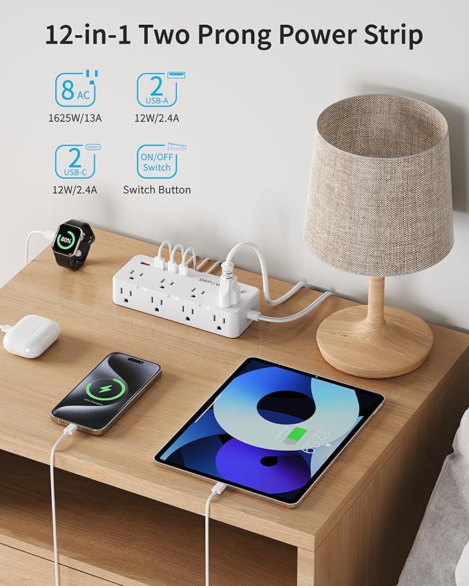 2 Prong Power Strip, 10 FT Extension Cord, 2 to 3 Prong Outlet Adapter with 8 AC & 4 USB Ports (2 USB C), 1700J Two Prong Surge Protector, Wall Mountable, Ideal for Old House