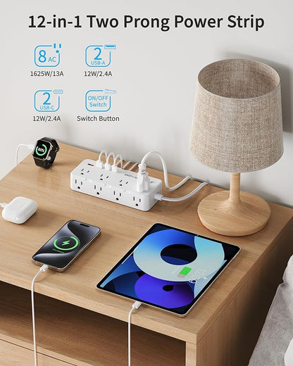 2 Prong Power Strip, 10 FT Extension Cord, 2 to 3 Prong Outlet Adapter with 8 AC & 4 USB Ports (2 USB C), 1700J Two Prong Surge Protector, Wall Mountable, Ideal for Old House