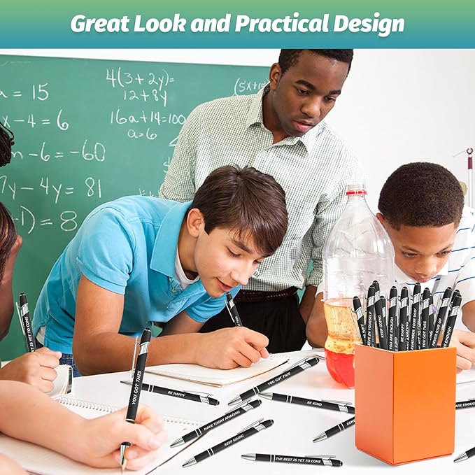 20 Piece Inspirational Pens Kit with Stylus Tip & Sayings – 10 Motivational Pen + 10 Individual Bags – Uplifting Quote & Positive Ideas – For Teachers, Office, School, Meetings, Team Events(Black)