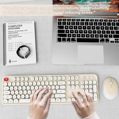 Wireless Keyboard and Mouse Combo, Ergonomic Full Size Typewriter Retro Round Keycaps Keyboard, Compatible with Windows, PC, Perfer for Home and Office Keyboards (Beige