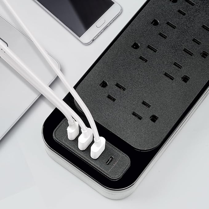 10FT Power Strip with USB Ports Extension Cord, 12 Outlets and 2 USB & 2 USB-C Port(5V 3.1A),Bold Extension Cord with Fuse Surge Protected Flat Plug Power Strip for Home Office (Black)