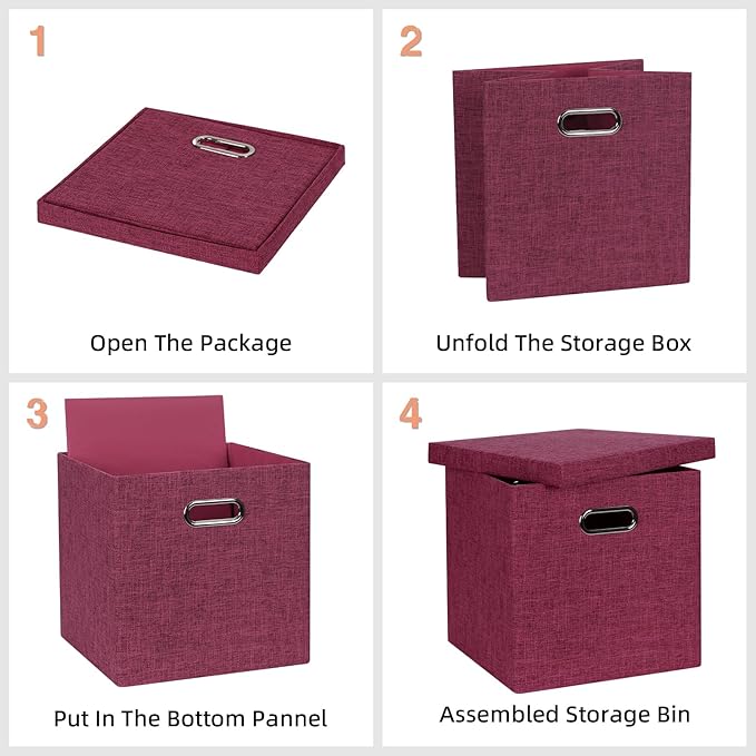 Storage Bins with Lids, Collapsible Linen Fabric Boxes Organizer Containers with Lid Foldable Storage Box Basket for Closet, Shelves, Home, Office, 11 x 11 x 11.4 Inch, 4 Pack, Red