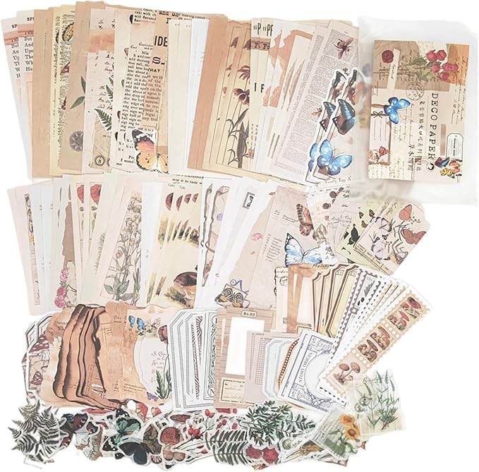 200PCS Vintage Scrapbooking Supplies Kit for Journaling, Scrapbook Sticker Paper Pack for for Bullet Journals Junk Journal Planners Aesthetic Cottagecore Room Decor Wall Art Collage Album (Nature)