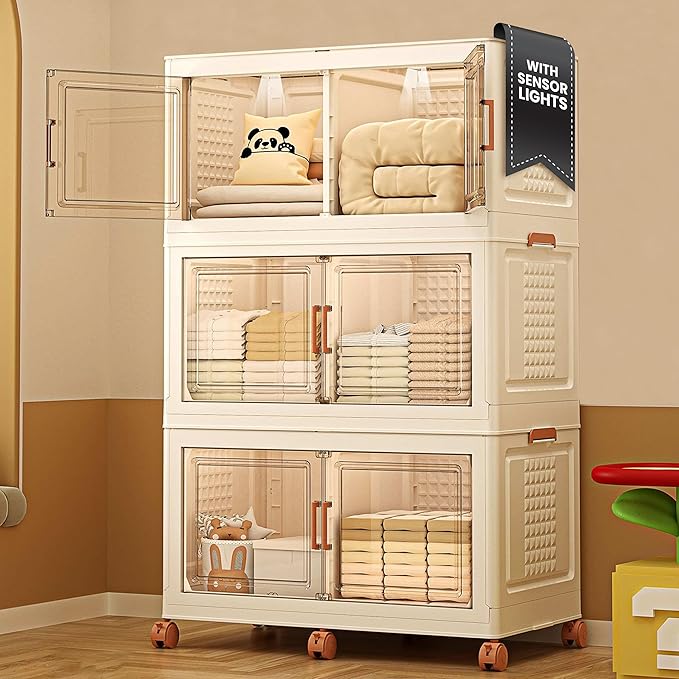 FINCHESCLUB 568QT Large Stackable Storage Bins with Lids, 141Gal Foldable Storage Bins with Doors and Wheels, Collapsible Closet Organizers for Home Office, Christmas Gifts - 3 Pack - Off White