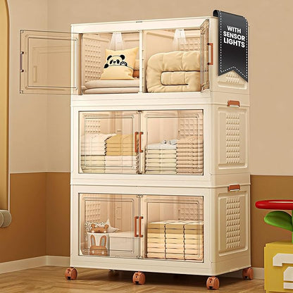 FINCHESCLUB 568QT Large Stackable Storage Bins with Lids, 141Gal Foldable Storage Bins with Doors and Wheels, Collapsible Closet Organizers for Home Office, Christmas Gifts - 3 Pack - Off White