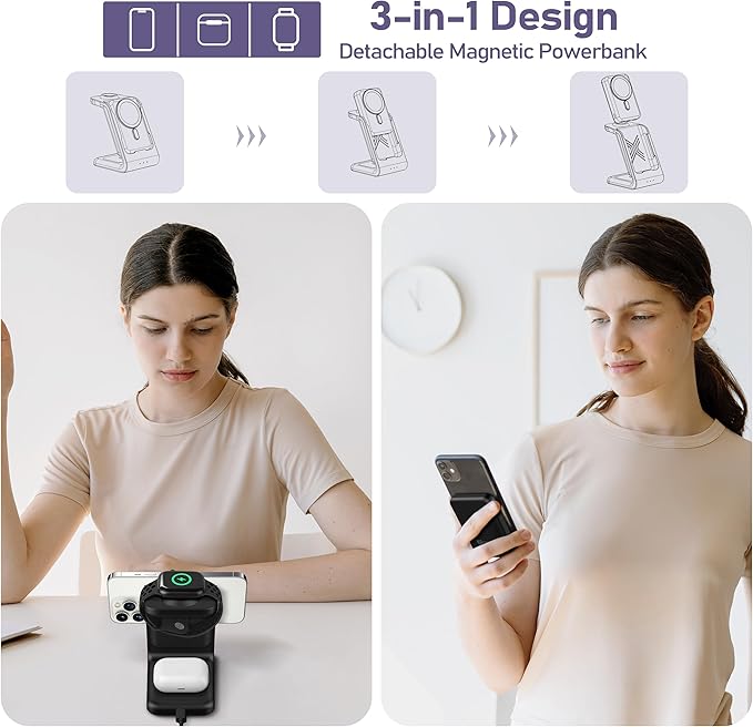 3 in 1 Wireless Charging Station: 10000mAh Removable Power Bank Charger Stand for Phone/Watch/Air Pods - Portable Magnetic Battery Pack for Air 17 16 15 14 13 12 Series