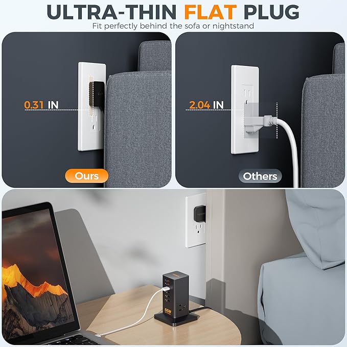 USB Charging Station for Multiple Devices 10Ft Cord, TESSAN 9-in-1 USB C Charger Block PD 65W for iPhone 16/15, MacBook, Tablet, Type C Desktop Charger with 3 AC, Home Travel Office Accessories