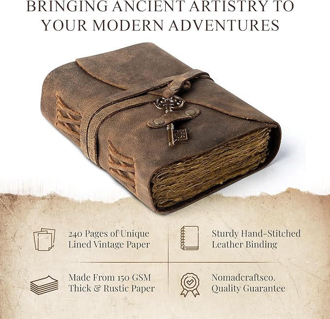 Vintage Leather Journal Lined Pages with Key - Antique Handmade Deckle Edge Vintage Paper Leather Bound Journal - Book of Shadows Journal - Leather Sketchbook - Drawing Journal - Great Gift