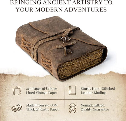 Vintage Leather Journal Lined Pages with Key - Antique Handmade Deckle Edge Vintage Paper Leather Bound Journal - Book of Shadows Journal - Leather Sketchbook - Drawing Journal - Great Gift