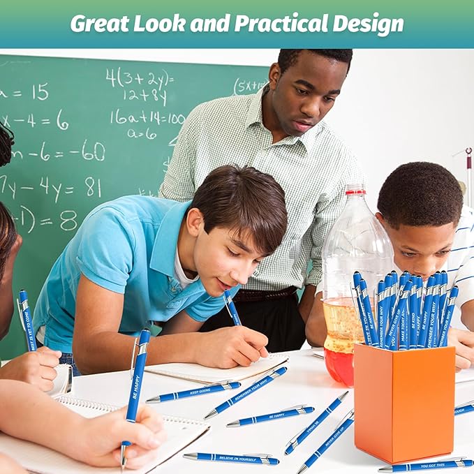 100 Piece Inspirational Pens Kit with Stylus Tip & Sayings – 50 Motivational Pen + 50 Individual Bags – Uplifting Quote & Positive Ideas – For Teachers, Office, School, Meetings, Team Events(Blue)