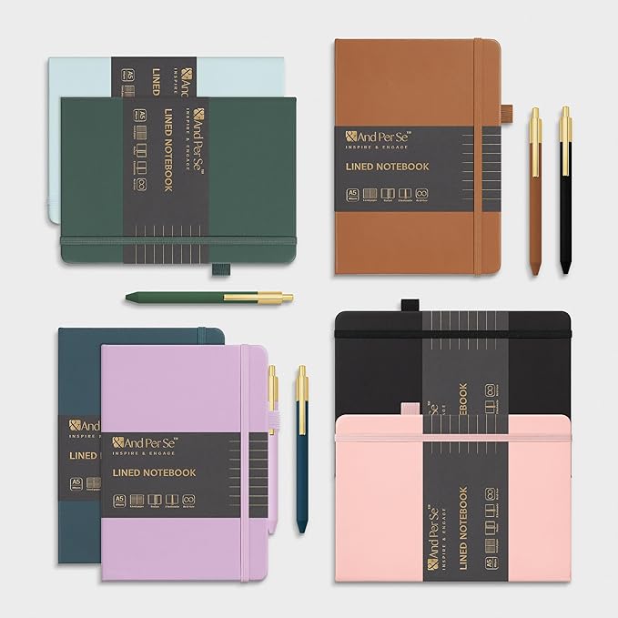 &And Per Se Lined Journal and Pen Set (3 packs), A5 Leather Journal Stationery Set, 160 Pages 100GSM Thick Paper, Notebook Gift Set (Black)