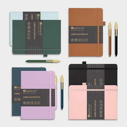 &And Per Se Lined Journal and Pen Set (3 packs), A5 Leather Journal Stationery Set, 160 Pages 100GSM Thick Paper, Notebook Gift Set (Black)