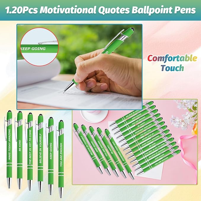 100 Piece Inspirational Pens Kit with Stylus Tip & Sayings – 50 Motivational Pen + 50 Individual Bags – Uplifting Quote & Positive Ideas – For Teacher, Office, School, Meetings, Team (Christmas Green)