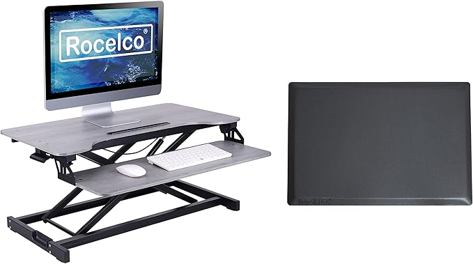 Rocelco Standing Desk Converter and Floor Mat - 31.5 Inch Sit Stand Up Dual Monitor Tabletop Riser with Tablet Mount, Height Adjustable Workstation - Deep Keyboard Tray - Gray (R VADRG-MAFM)
