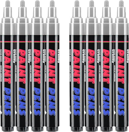 Silver Paint Pens Paint Markers - 8 Pack Permanent Quick Dry Waterproof Marker Pens for Rocks Wood Fabric Plastic Canvas Glass Mugs Metal Tire Stone