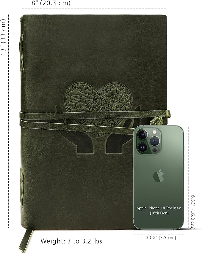 LUXEORIA Heart Journal for Women and Men, Handcrafted Leather Journal for Writing Womens, Sketchbook, Travel Diary with Unlined Deckle Paper, Dark Green 8x13