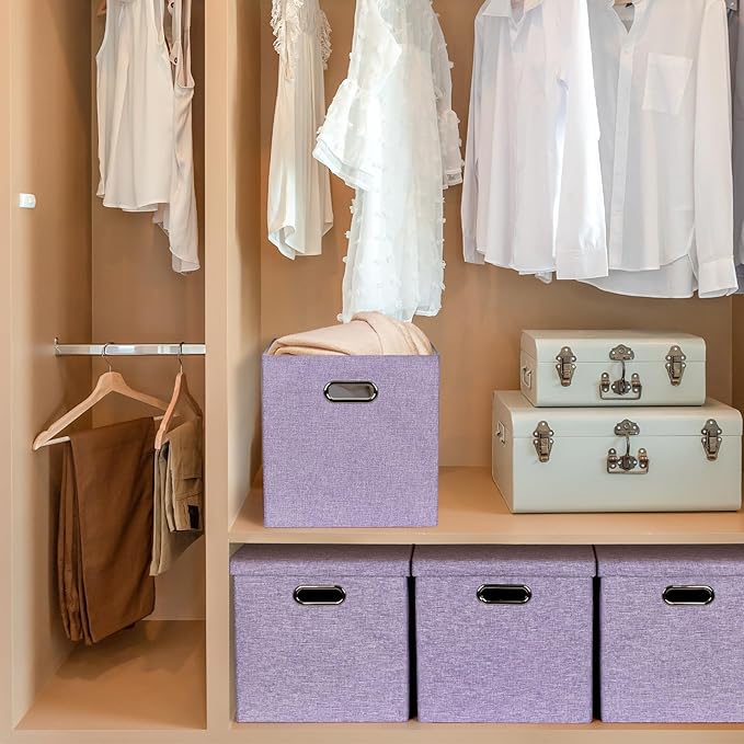 Storage Bins with Lids, Collapsible Linen Fabric Boxes Organizer Containers with Lid Foldable Storage Box Basket for Closet, Shelves, Home, Office, 12 x 12 x 12.4 Inch, 4 Pack, Purple