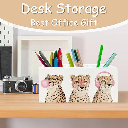 Trendy Funny Leopard Pen Pencil Holder Organizer for Desk, Cheetah Room Decor, Preppy Girly Y2k Aesthetic Cheetah Wooden Box Block Sign for Home Office Tabletop Decor
