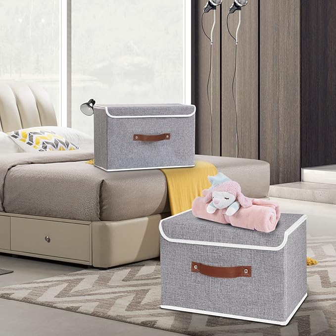 Yawinhe Collapsible Storage Boxes, Foldable Bin with Lids, Cube Clothes Organizer Basket with Handles, Grey, 13.0''Lx9.0''Wx7.9''H, 1-Pack, SNK024GS-1