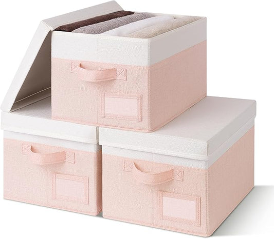 GRANNY SAYS Storage Bins with Lids, Storage Boxes for Organizing, Storage Baskets with Handles, Closet Organizers and Storage, Storage Bins for Shelves, Decorative Storage Boxes, 3-Pack, Pink&Ivory