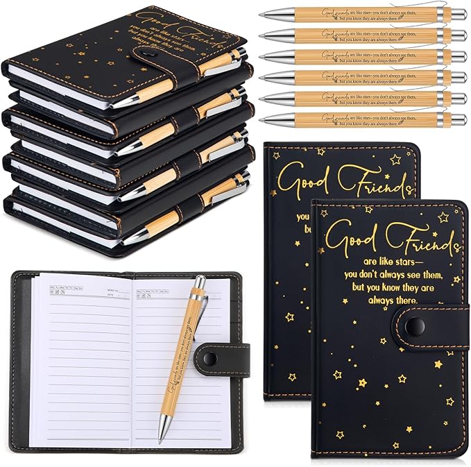 12 Pcs Friendsgiving Gift Bulk for Good Friends A6 Leather Journal Notebook Notepads with Bamboo Pens Friendship Appreciation Gift for Thanksgiving Birthday Women Sister Group (Black)