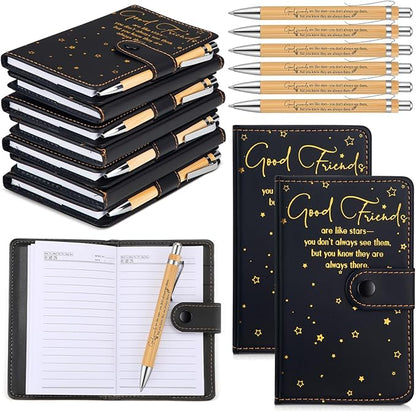 12 Pcs Friendsgiving Gift Bulk for Good Friends A6 Leather Journal Notebook Notepads with Bamboo Pens Friendship Appreciation Gift for Thanksgiving Birthday Women Sister Group (Black)