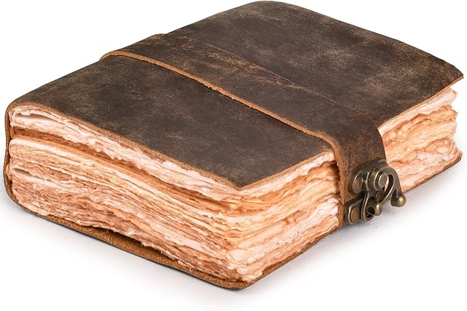 LEATHER VILLAGE Leather Bound Vintage Journal for Women & Men - Book of Shadows - Lock Closure - 200 Pages of Antique Deckle Edges Handmade Paper - Rustic Brown Color - 10 X 7 inches