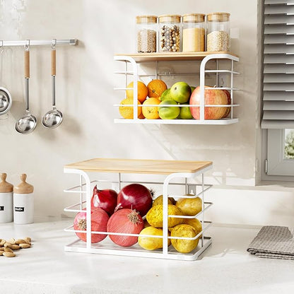 2 Pack Pantry organizers and Storage,Kitchen Organization with Bamboo Top,Stackable Kitchen Pantry bin for Onion,Potato,Fruits,Produce,Vegetable,White