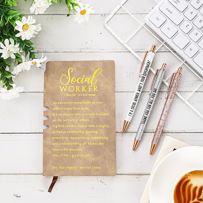 5 Pcs Employee Appreciation Gift Leather Journal Notebook 3 Ballpoint Pens with Box Thank You for Boss Emergency Nurses Medical Assistant Lady Coworker Teacher Social Worker(Khaki)