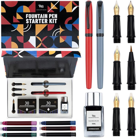 Wordsworth and Black Fountain Pen Set - Grey - Includes 2 Pens, 18 ML Ink Bottle, 60 Ink Cartridges, A Refill Converter, 1 Medium and 4 Broad Nibs, Brush Pen - Fountain Pen Kit for Beginners