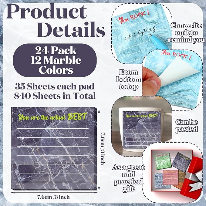 Yinder 24 Pcs Inspirational Sticky Notes Christmas Stocking Stuffers Motivational Sticky Notes Pad Employee Appreciation Gift Bulk for Teacher Nurse Coworker Office 3 x 3'' (Appreciation,Marble Color)