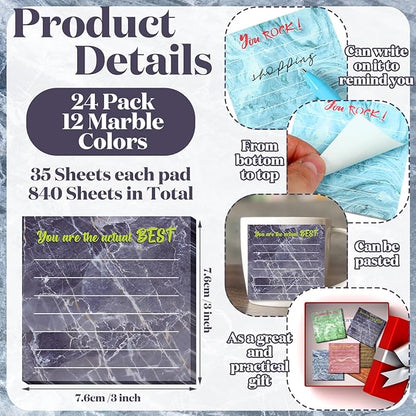 Yinder 24 Pcs Inspirational Sticky Notes Christmas Stocking Stuffers Motivational Sticky Notes Pad Employee Appreciation Gift Bulk for Teacher Nurse Coworker Office 3 x 3'' (Appreciation,Marble Color)