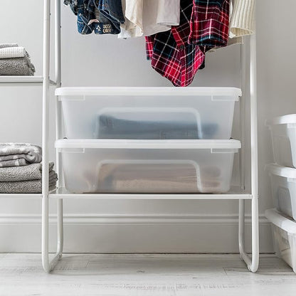 IRIS USA 27 Qt Stackable Plastic Storage Bins with Lids, 6 Pack - BPA-Free, Made in USA - Discreet Organizing Solution, Latches, Durable Nestable Containers, Secure Pull Handle - Pearl