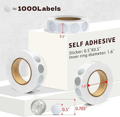 1000PCS Silver Colored Dot Stickers Round Coding Circle Label Stickers 0.5 inch Label in Dispenser Box for Office Classroom