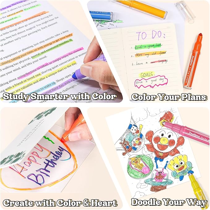 3-in-1 Highlighter Marker Set, 6 Pens with 2 Highlighter Tips & 1 Erasable Tip, Quick-Dry No-Bleed Ink, Multi-Color Markers for Note-Taking, Journaling, Studying & Planner Decoration