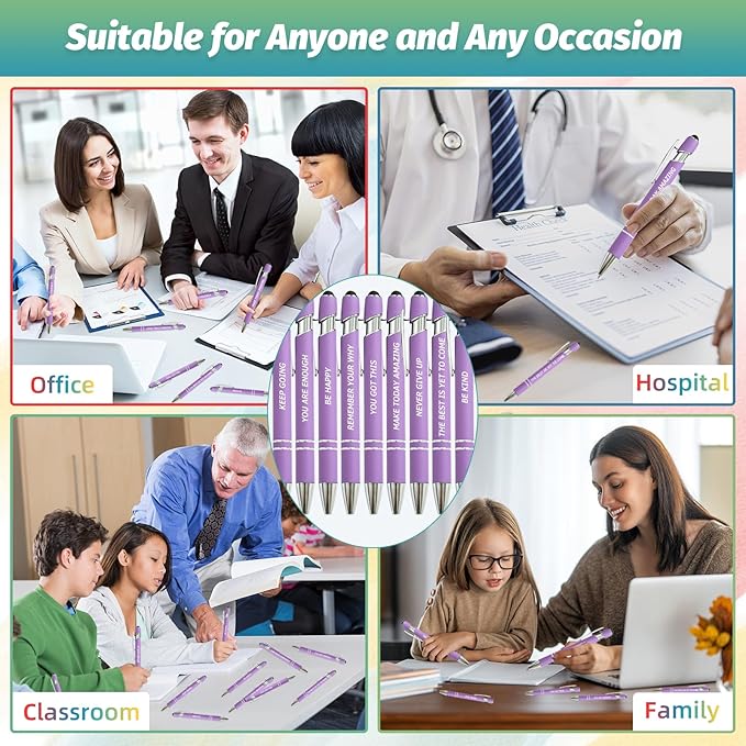 40 Piece Inspirational Pens Kit with Stylus Tip & Sayings – 20 Motivational Pen + 20 Individual Bags – Uplifting Quote & Positive Ideas – For Teachers, Office, School, Meetings, Team Events(Purple)