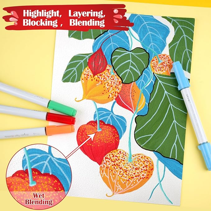 SFAIH Christms Gifts Acrylic Paint Markers, 48 Colors Dual Tips Acrylic Brush Markers With Chisel Tip, Automatic Ink Control, Ultra-High Coverage, No Bleed Ink, Art Supplies for Rock, Canvas, Fabric