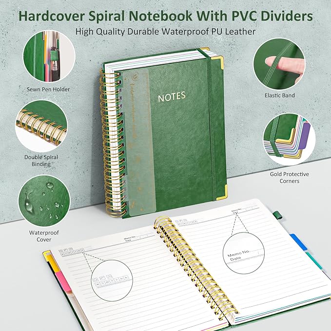 Hardcover Spiral Notebook Journal, 8"x10" Large B5 Notebooks with Removable Dividers Tabs, 300 Pages Leather 5 Subject Notebook College Ruled, Journal for Work School Note, 100 GSM Thick Paper,Green.